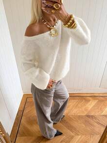 Women's Solid Color Cold Shoulder Knit Pullover, Soft Comfortable Long Sleeve Round Neck Loose Casual Sweater, Suitable For Autumn Daily Wear - White - View 1