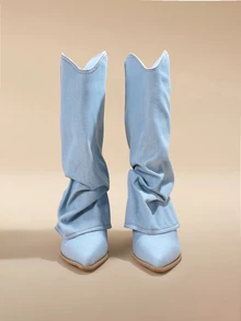 Glizzene Nouvelles bottes de cowboy montantes à bout pointu style western pour femme, automne/hiver 2025 - bleu clair - Voir 2
