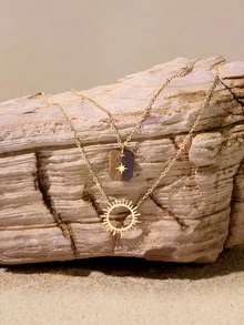 Tropiscape 1pc Waterproof 14k Gold Plated Stainless Steel French Elegant Style Gemstone Sun Pendant Multi-Layer Necklaces For Women - Yellow Gold - View 2