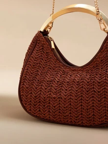 Glizzene Tas Selempang Mini Anyaman dengan Detail Pegangan Logam Terbaru untuk Wanita, Koleksi Musim Semi/Panas 2026 - Coklat - View 3