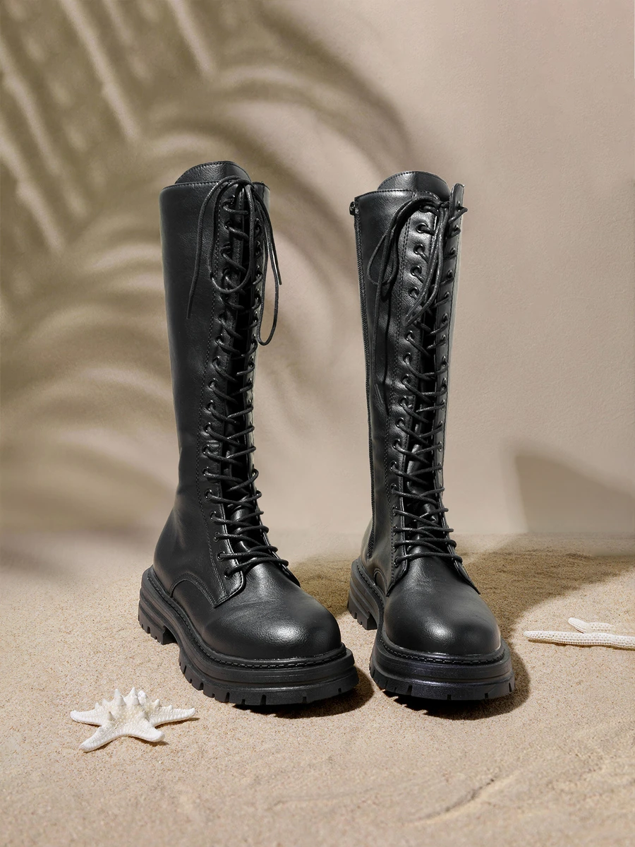 Tropiscape 秋冬新款厚底过膝靴,朋克系带侧拉链时尚女马靴,黑色靴子 - 黑色 - 查看 1