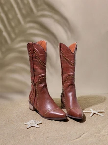 Tropiscape Fall/Winter 2025 Women's Mid-Calf Western Style V-Cut Brown Boots, Studded Decor, Square Toe, Low Block Heel - Brown - View 1