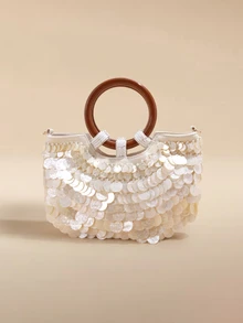 Glizzene 1pc White Sequin Shell Decor Wooden Round Handbag With Shoulder Strap, Women's Luxury Vacation Style Evening Bag, - White - View 1