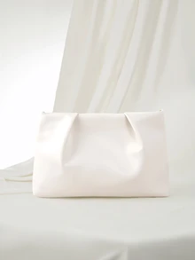 Clariva Fashion Solid Color Clutch, Pleated Cloud Bag, Casual Envelope Bag, Cosmetic Bag - White - View 3