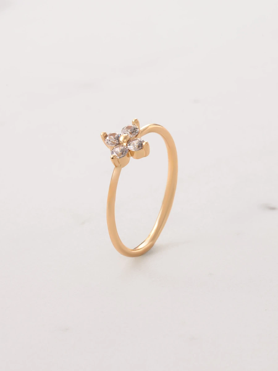 Clariva 1pc Women's Copper Cubic Zirconia Clover Lucky Ring, Elegant Minimalist Design For Daily Wear, Gift - Gold - View 1
