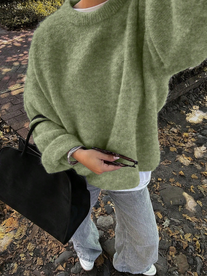 2026 Early Autumn New Women's Knitted Crew Neck Loose Solid Color Long Sleeve Fuzzy Army Green Sweater, Women's Autumn Sweater Fall