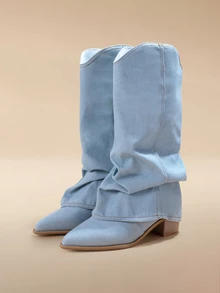 Glizzene Nouvelles bottes de cowboy montantes à bout pointu style western pour femme, automne/hiver 2025 - bleu clair - Voir 1