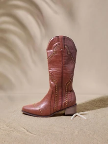 Tropiscape Fall/Winter 2025 Women's Mid-Calf Western Style V-Cut Brown Boots, Studded Decor, Square Toe, Low Block Heel - Brown - View 3