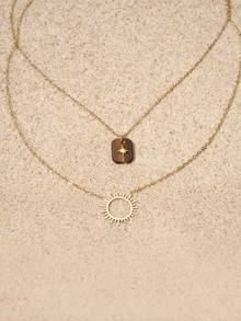 Tropiscape 1pc Waterproof 14k Gold Plated Stainless Steel French Elegant Style Gemstone Sun Pendant Multi-Layer Necklaces For Women - Yellow Gold - View 3