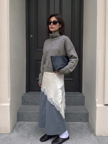 Women's Autumn Elegant Casual Gray Turtleneck Drop Shoulder Long Sleeve Cropped Knit Sweater, Suitable For Daily Wear Fall - Grey - View 3