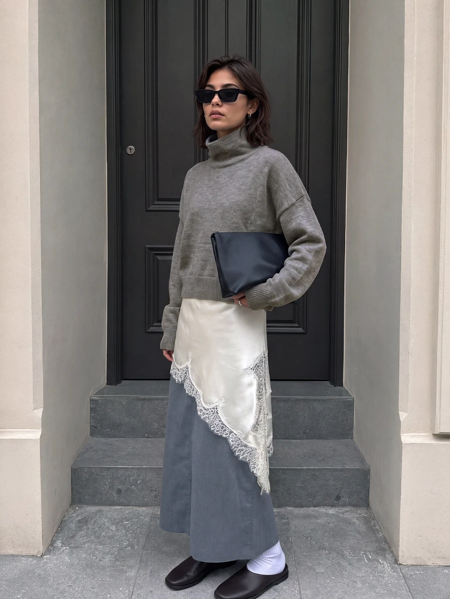 Women's Autumn Elegant Casual Gray Turtleneck Drop Shoulder Long Sleeve Cropped Knit Sweater, Suitable For Daily Wear Fall - Grey - View 1