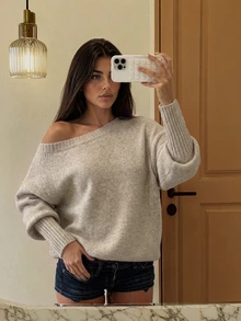 FOR BEAUTY Fall Winter Women Sweaters Elegant Casual Y2K Oatmeal Beige Off Shoulder Knit Tops Loose Fit Pullover Drop Shoulder Daily Outfits - Oat - View 6