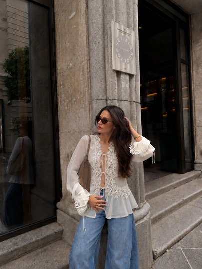 Women's Elegant Casual Bohemian Style Sheer Long Sleeve Blouse - Floral Lace Trim, Front Tie Hem, Flowy Loose Fit White