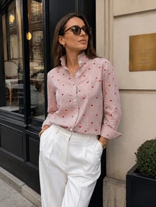 Elegant Women's Polyester Stand-Collar Long-Sleeved Shirt With Heart Print And Ruffle Design. - Multicolor - View 1