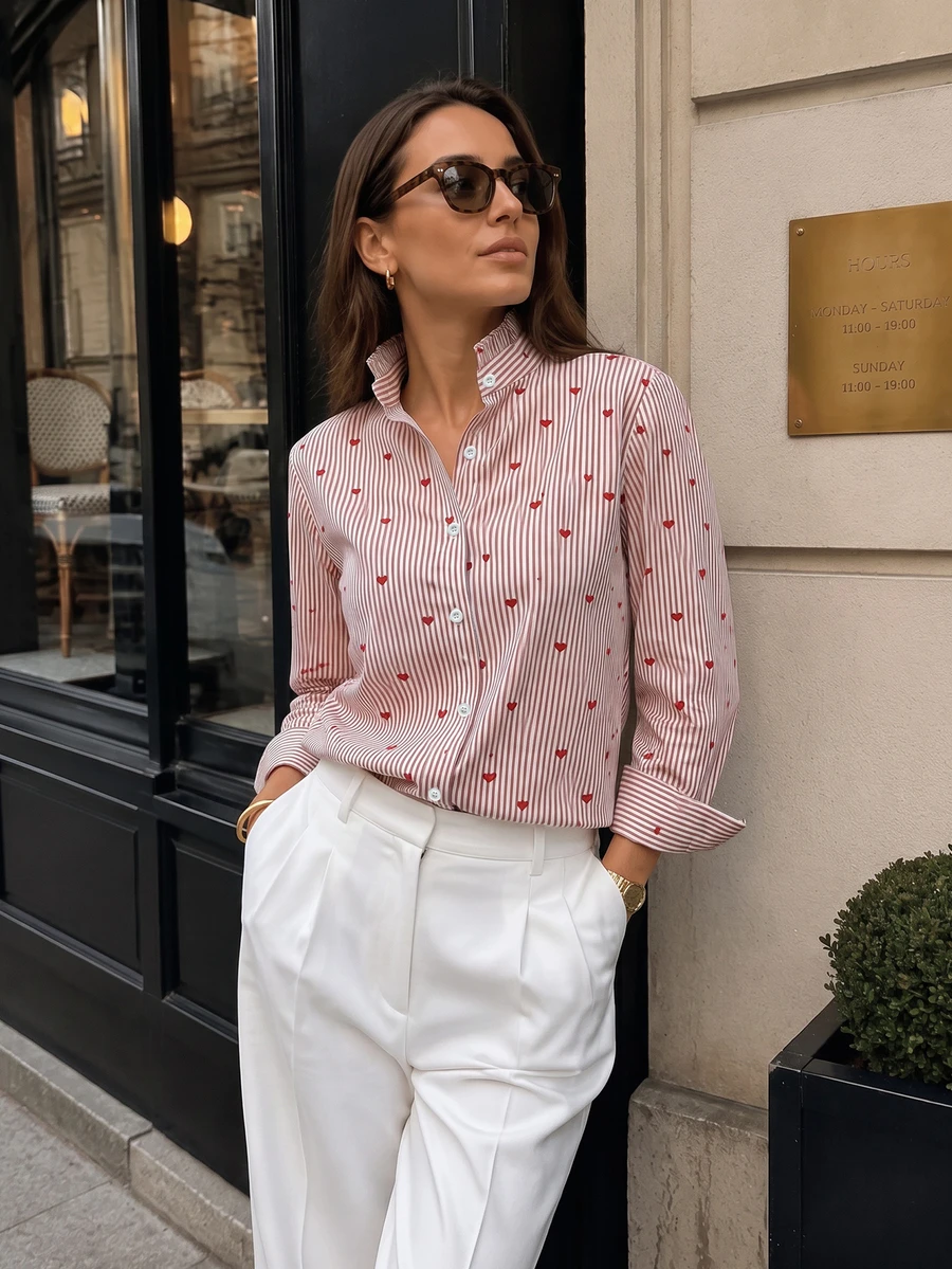 Elegant Women's Polyester Stand-Collar Long-Sleeved Shirt With Heart Print And Ruffle Design. - Multicolor - View 1
