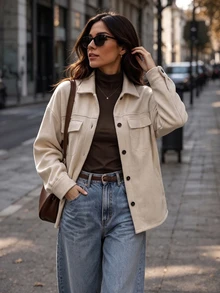 Women's Minimalist Loose Wool Coat, Autumn/Winter - Apricot - View 2
