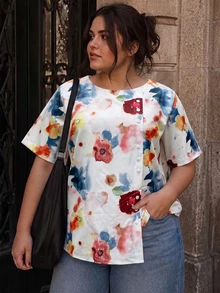 Plus Size Women Floral Print Top Vacation Summer - Multicolor - View 1