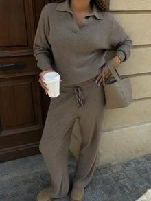 Women's New Autumn/Winter Knitted 2 Pieces Set, Turn Collar Long Sleeve Sweater And Pants, Casual, Daily, College, Travel - Grayish Brown - View 3