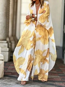 Botanical Print Pattern Bohemian Casual Beach Resort Flowy Top And Pants Set - Gold - View 3