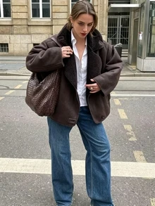 女款棕色抓絨內裡冬季外套 休閒街頭風 寬鬆翻領連口袋長袖夾克 - 棕色 - 查看 1