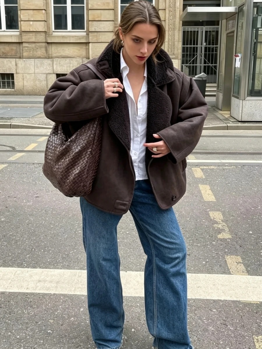 女款棕色抓絨內裡冬季外套 休閒街頭風 寬鬆翻領連口袋長袖夾克 - 棕色 - 查看 1