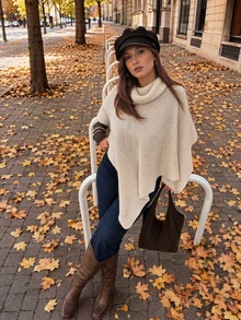 FOR BEAUTY Fall Winter Y2K Elegant Casual Beige Knit Poncho Sweater Women Asymmetric Top Going Out Party Vacation Concert Outfits - Apricot - View 6