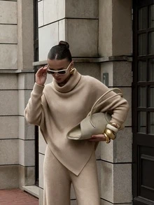 MORI Fall Winter Women Sweaters Elegant Casual Y2K Beige Rib Knit Turtleneck Asymmetrical Hem Pullover Top Wide Leg Pants Two Pieces Set - Light Oatmeal - View 2