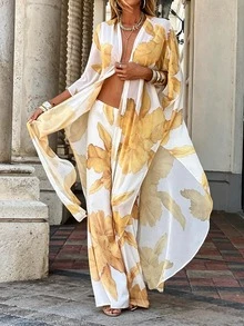 Botanical Print Pattern Bohemian Casual Beach Resort Flowy Top And Pants Set - Gold - View 1