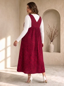 Leopard Print Corduroy Pocket Pinafore Dress For Daily Wear, Autumn/Winter - Red - View 5