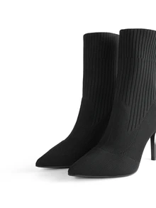 Rollcall 4 Seasons New Knitted Pointed Toe Slim Heel Mid-Calf Boots For Women, Elastic Design Classy High Heel Boots - Black - View 4