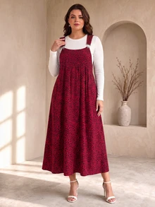 Leopard Print Corduroy Pocket Pinafore Dress For Daily Wear, Autumn/Winter - Red - View 3