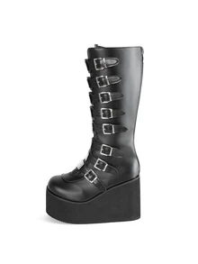 Rollcall Women's Black Casual Warm Boots, Punk Buckle Decor High Heel Wedge Fashion Sexy Lightweight Winter Boots - Black - View 3