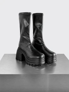 Rollcall Ladies' Black Thick Soled Sloping Mid Heeled Boots, European And American Style Fashionable High-Heeled Sleeve Boots, Versatile Thick Heeled Boots - Black - View 2
