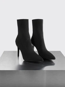 Rollcall 4 Seasons New Knitted Pointed Toe Slim Heel Mid-Calf Boots For Women, Elastic Design Classy High Heel Boots - Black - View 1