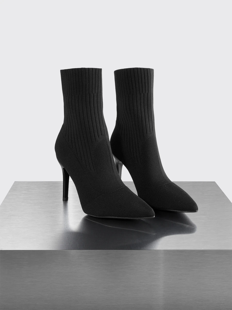 Rollcall 4 Seasons New Knitted Pointed Toe Slim Heel Mid-Calf Boots For Women, Elastic Design Classy High Heel Boots - Black - View 1