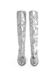 Rollcall Go With Dresses , Women's Fashion Thick Heel Pointed Toe Metal Shiny Thigh High Boots, All-Match Western Rider Motorcycle - Silver - View 2