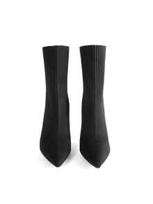 Rollcall 4 Seasons New Knitted Pointed Toe Slim Heel Mid-Calf Boots For Women, Elastic Design Classy High Heel Boots - Black - View 2