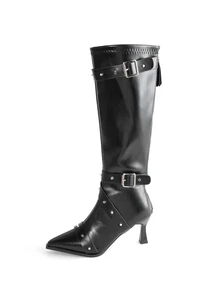 Rollcall Women's Black Pointed Toe Stiletto Heel Over Knee Boots With Belt Buckle, Zipper Back European And American Style - Black - View 3