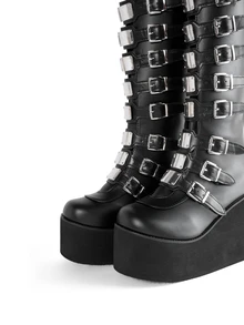 Rollcall Women's Black Casual Warm Boots, Punk Buckle Decor High Heel Wedge Fashion Sexy Lightweight Winter Boots - Black - View 4