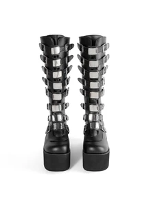 Rollcall Women's Black Casual Warm Boots, Punk Buckle Decor High Heel Wedge Fashion Sexy Lightweight Winter Boots - Black - View 2