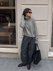 Women's Autumn Elegant Casual Gray Turtleneck Drop Shoulder Long Sleeve Cropped Knit Sweater, Suitable For Daily Wear Fall - Grey - View 4
