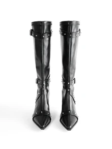 Rollcall Women's Black Pointed Toe Stiletto Heel Over Knee Boots With Belt Buckle, Zipper Back European And American Style - Black - View 2