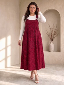 Leopard Print Corduroy Pocket Pinafore Dress For Daily Wear, Autumn/Winter - Red - View 2