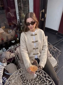 MORI Autumn/Winter Y2K Elegant Oatmeal Beige Round Neck Button-Up Long Sleeve Knit Cardigan Sweater For Women, Suitable For Outings, Parties, Vacation Wear - Apricot - View 1