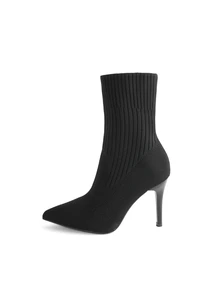 Rollcall 4 Seasons New Knitted Pointed Toe Slim Heel Mid-Calf Boots For Women, Elastic Design Classy High Heel Boots - Black - View 3