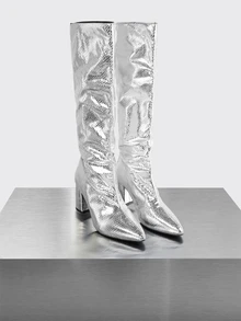 Rollcall Go With Dresses , Women's Fashion Thick Heel Pointed Toe Metal Shiny Thigh High Boots, All-Match Western Rider Motorcycle - Silver - View 1