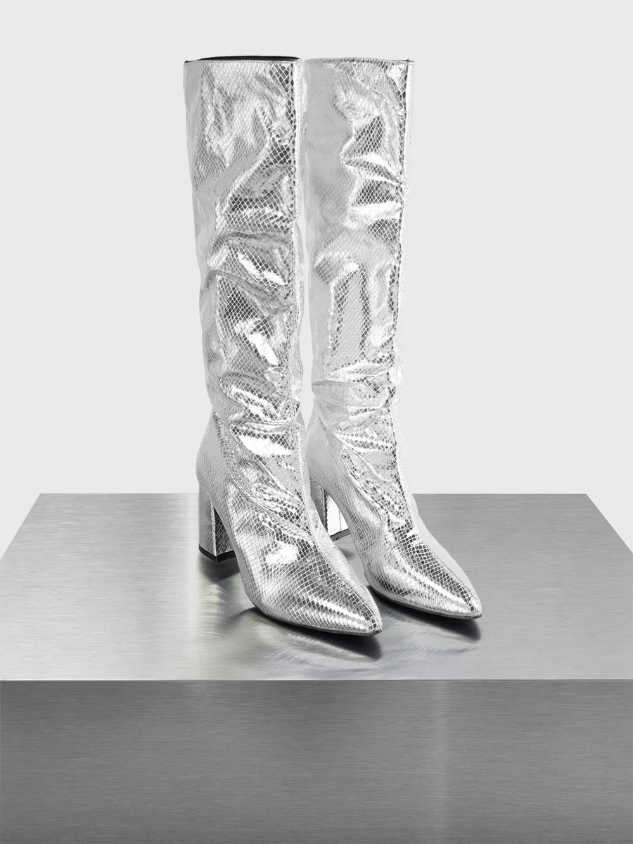 Rollcall Go With Dresses , Women's Fashion Thick Heel Pointed Toe Metal Shiny Thigh High Boots, All-Match Western Rider Motorcycle - Silver - View 1
