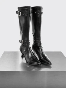 Rollcall Women's Black Pointed Toe Stiletto Heel Over Knee Boots With Belt Buckle, Zipper Back European And American Style - Black - View 1