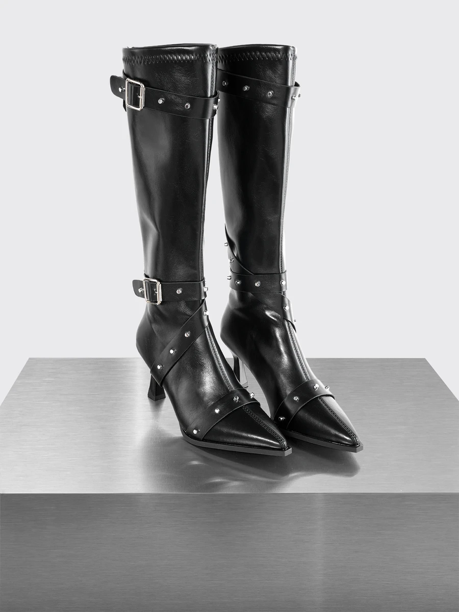 Rollcall Women's Black Pointed Toe Stiletto Heel Over Knee Boots With Belt Buckle, Zipper Back European And American Style - Black - View 1