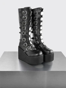 Rollcall Women's Black Casual Warm Boots, Punk Buckle Decor High Heel Wedge Fashion Sexy Lightweight Winter Boots - Black - View 1